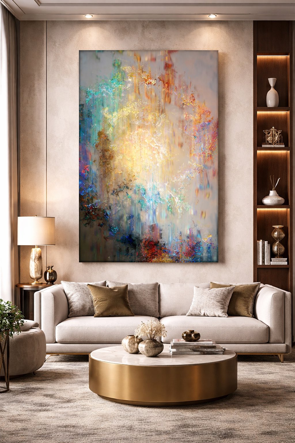 Large vertical abstract art A Heart So Big installed in a modern living room above a sofa.