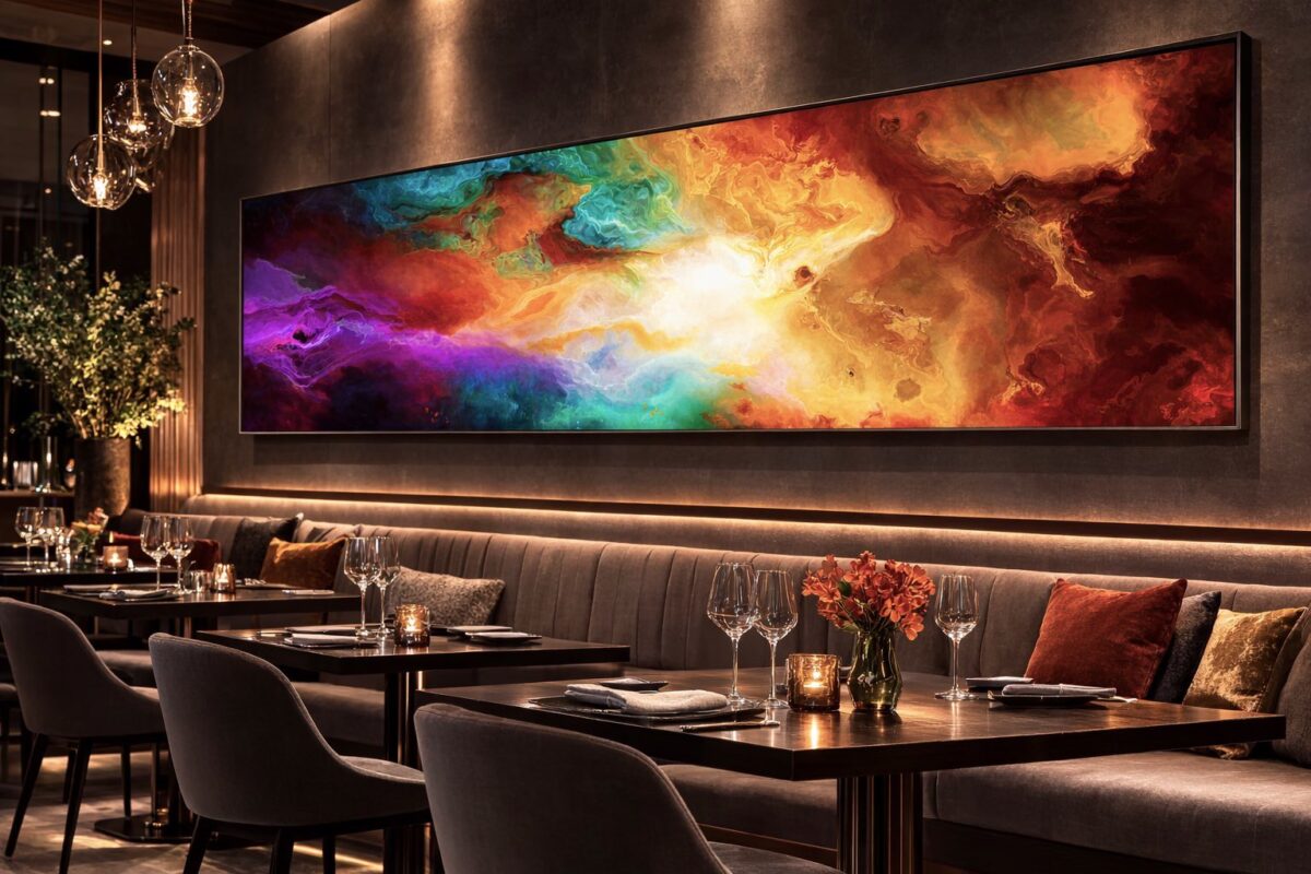 Oversized wide panoramic abstract wall art Becoming in modern restaurant
