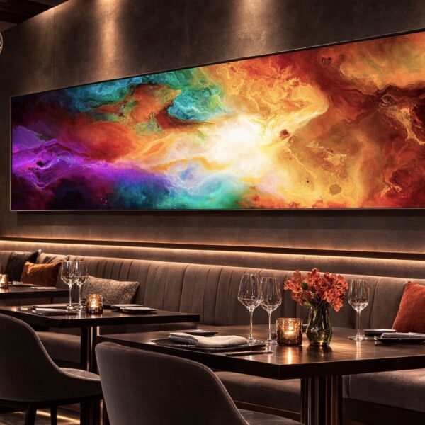 Oversized wide panoramic abstract wall art Becoming in modern restaurant