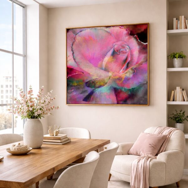 contemporary abstract flower painting wall art print framed in dining room