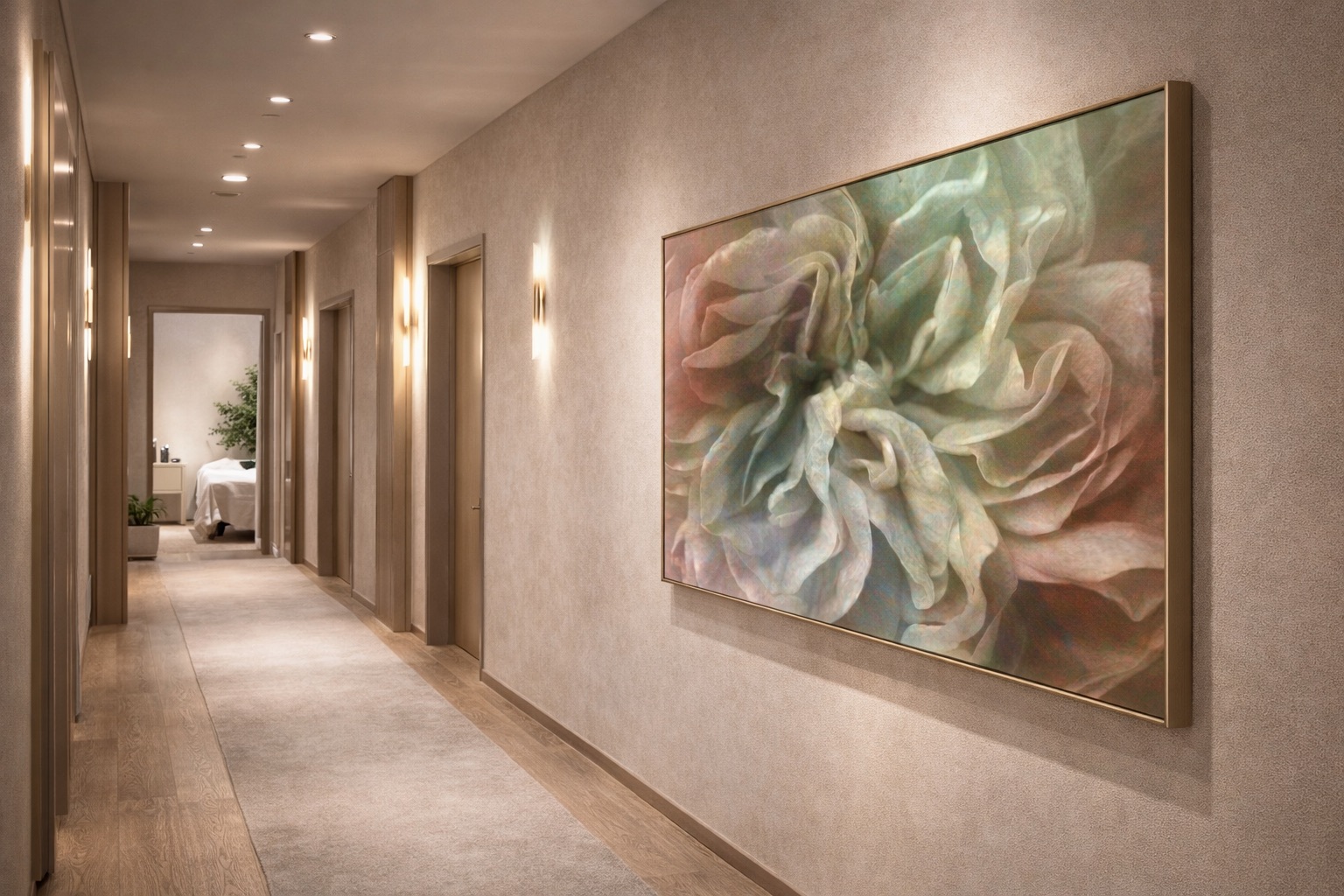 Flower Dance Wide Panoramic Abstract Flower Canvas Wall Art in Hallway. Wide panoramic abstract flower canvas wall art installed in healing clinic hallway.
