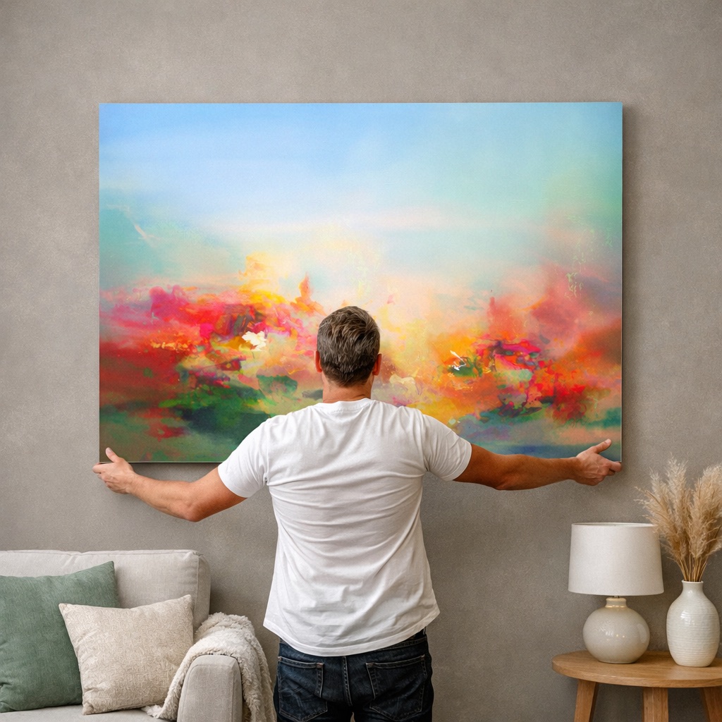 man adjusting large wall art and learning how to decorate