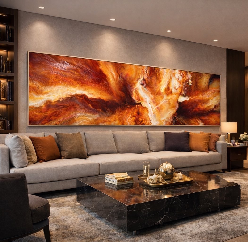 Oversized contemporary abstract art canvas wall painting Passion in living room above sofa