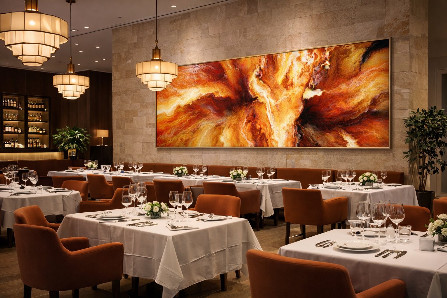 Wide panoramic abstract art Passion installed in modern restaurant.