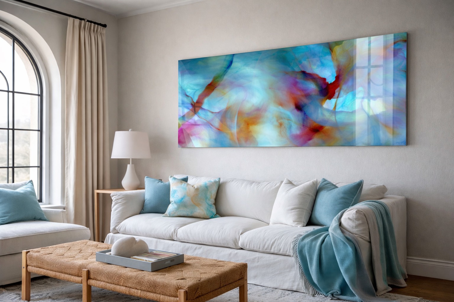 unframed wall art wide acrylic print above sofa in contemporary living room