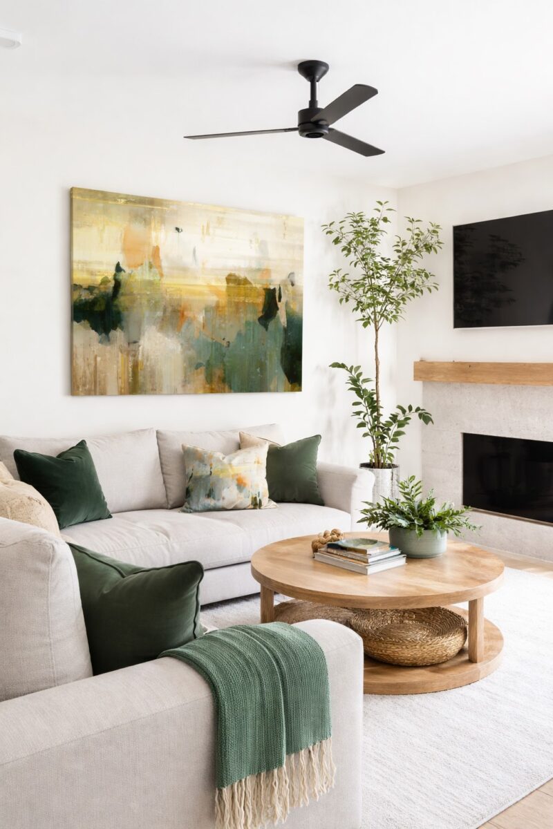 wall art for living room hung above sofa