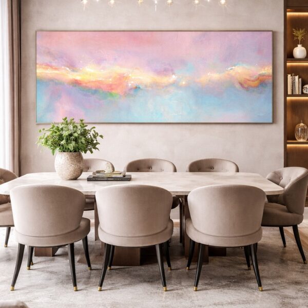 Oversized contemporary abstract wall art Freedom hung on large dining room wall