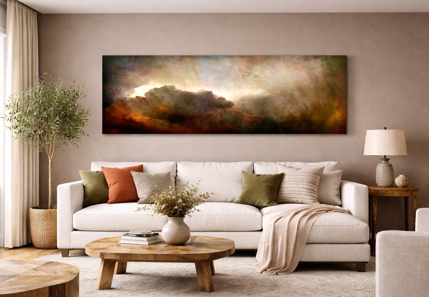 Contemporary abstract landscape art for sale in living room above sofa