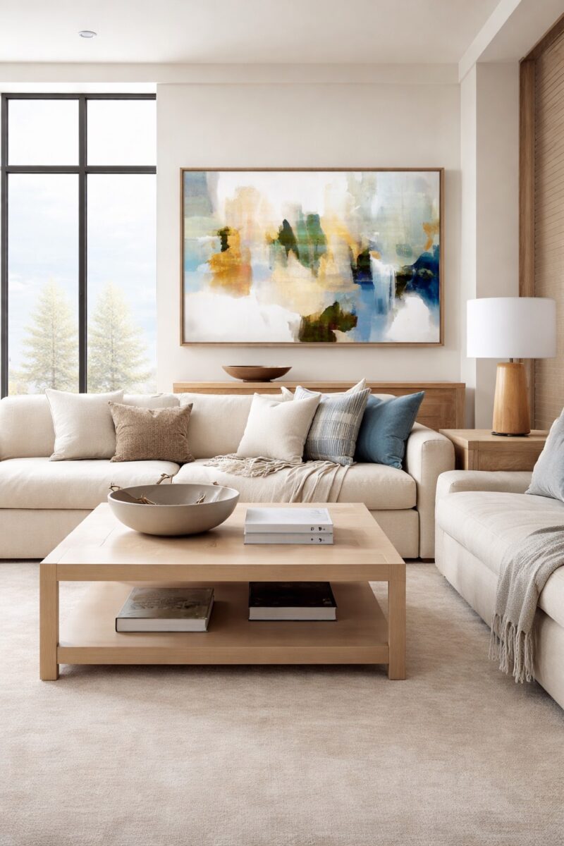 abstract wall art hung in the living room above modern sofa