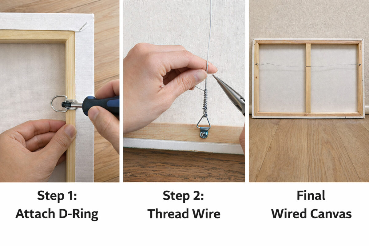 back of large canvas wall art showing picture wire and D-ring hanging hardware