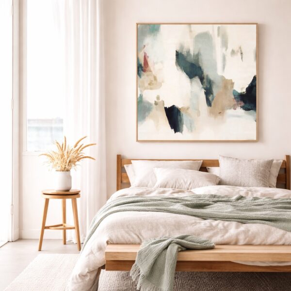 large modern canvas art in bedroom above the bed