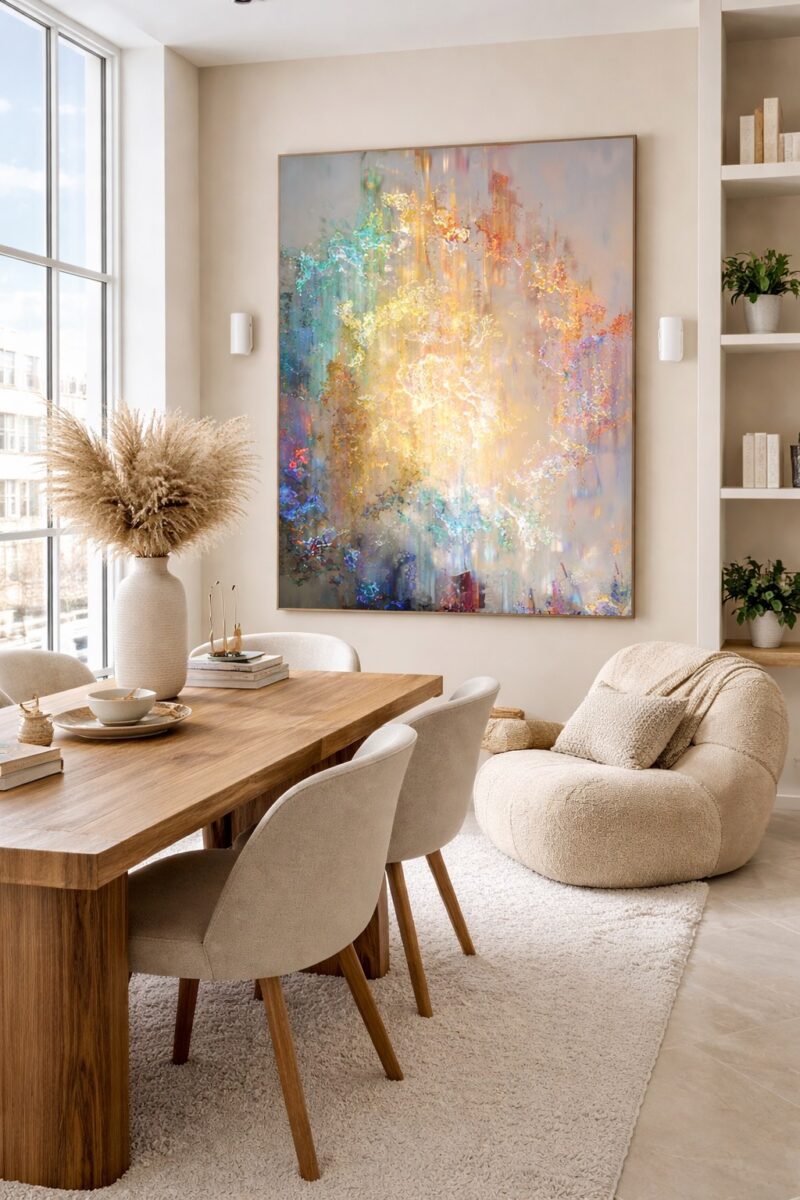 large modern canvas wall art hanging above a chairs in a contemporary living room