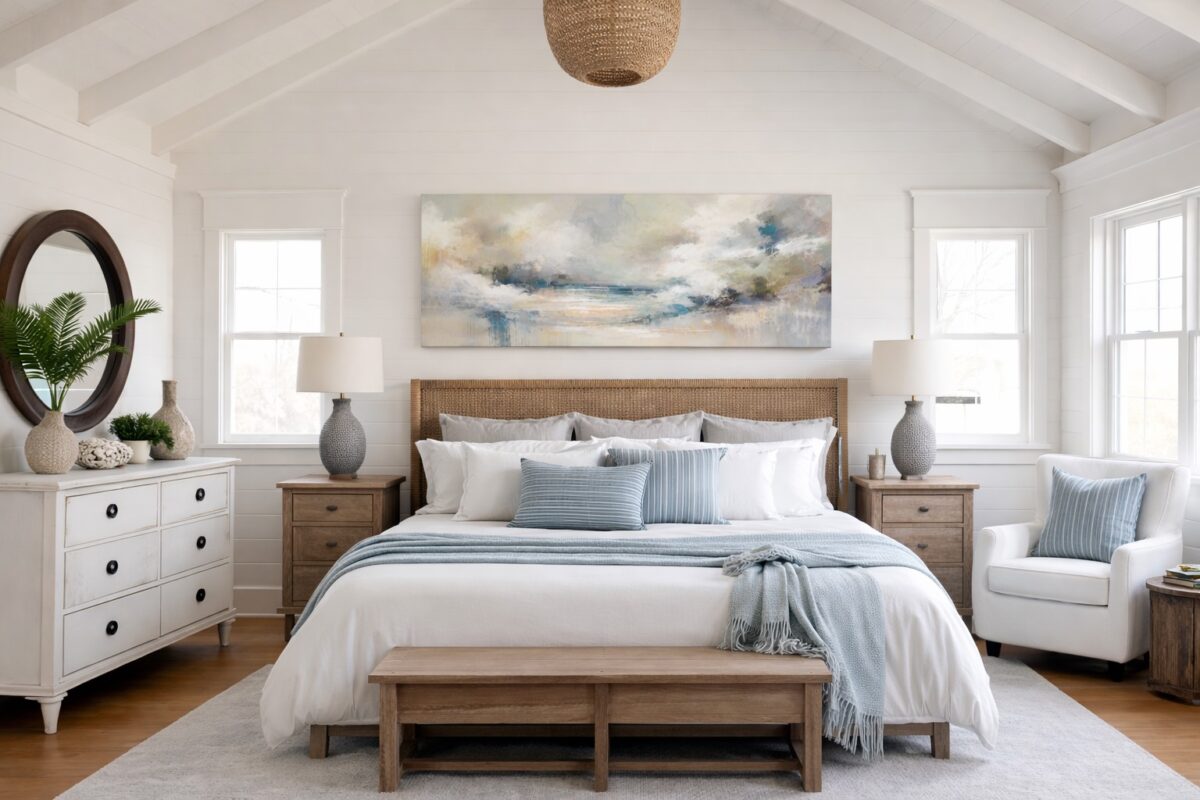 large modern wall art centered above a bed in a minimalist bedroom