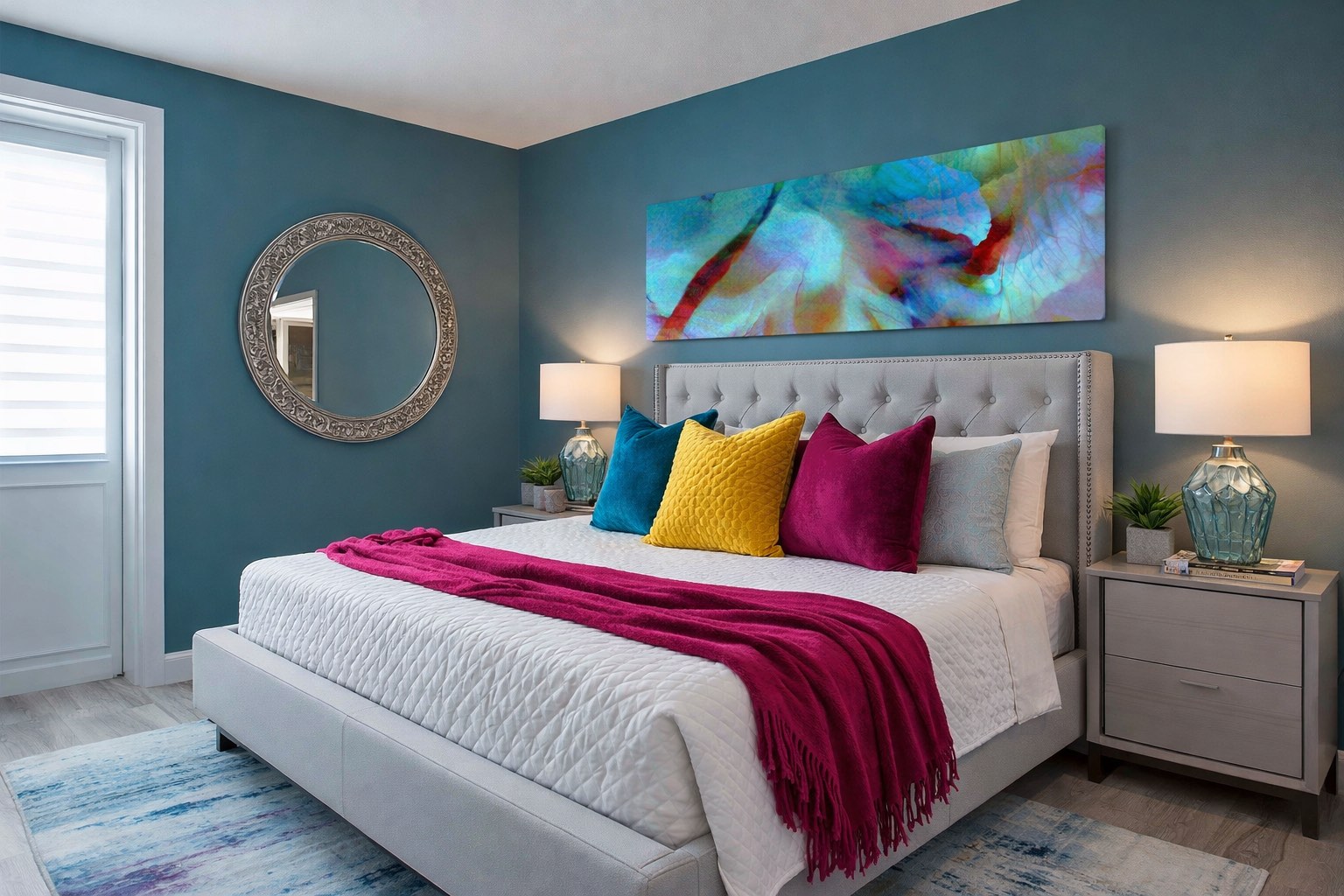 large wall art centered above a bed in a contemporary bedroom