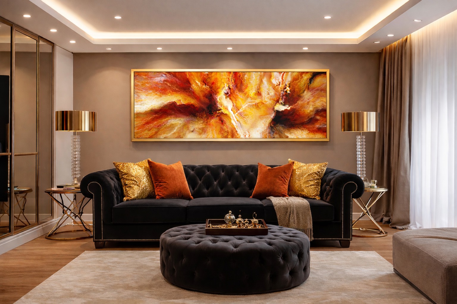 large canvas wall art hanging above a sofa in a modern living room