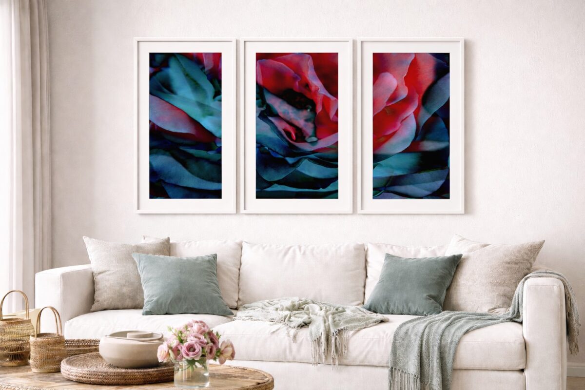 modern three-piece triptych canvas wall art with even spacing on a living room wall