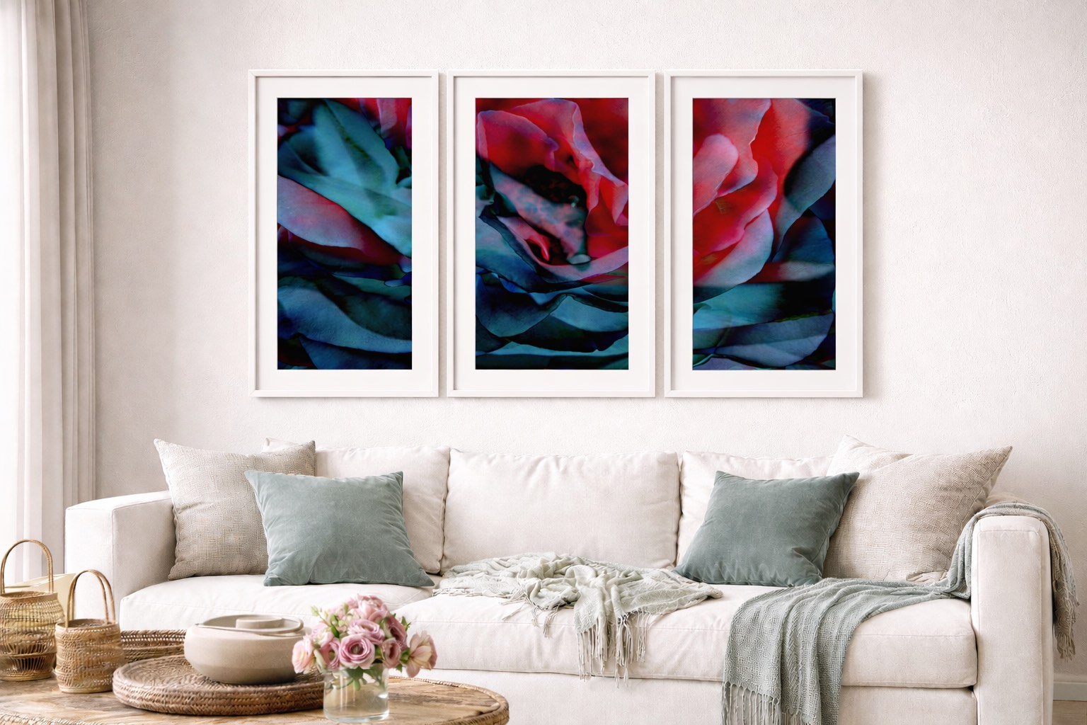 modern three-piece triptych canvas wall art with even spacing on a living room wall