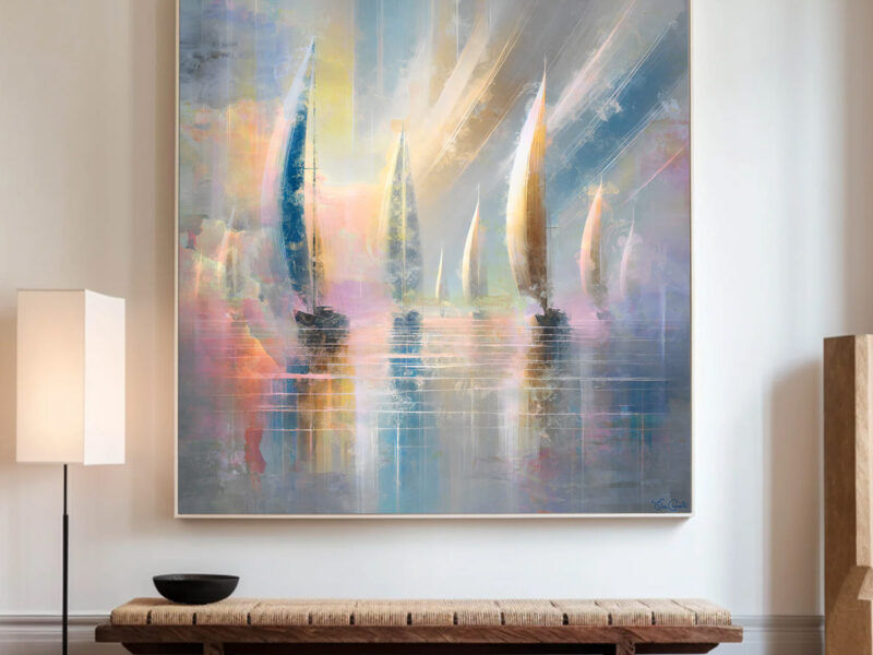 Contemporary abstract wall art framed canvas - Hopeful seascape sailboat painting