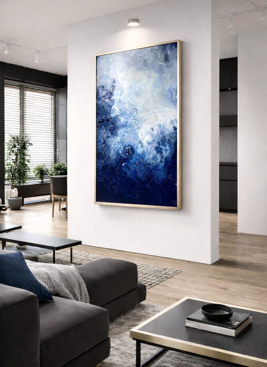 big vertical contemporary abstract wall art on side wall living room