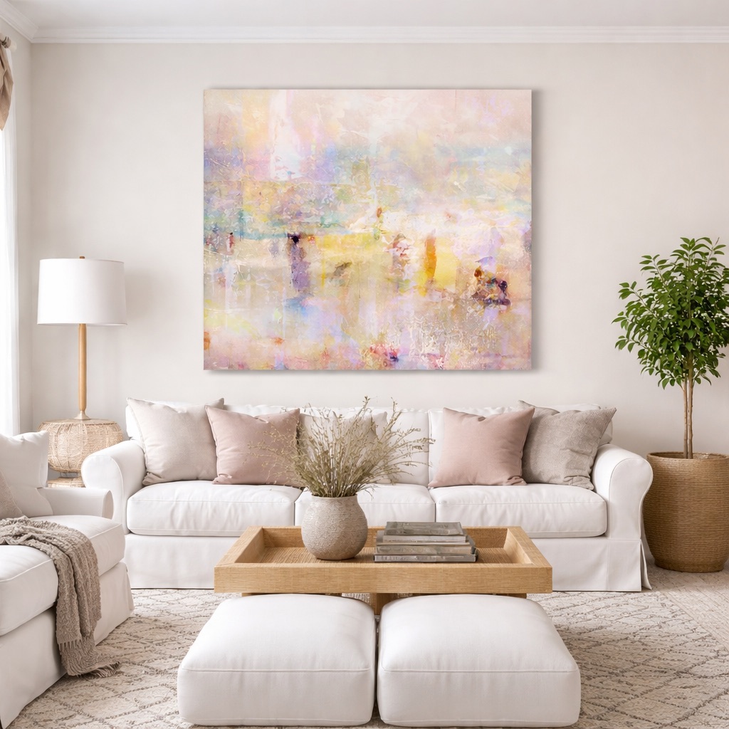 oversized statement canvas wall art above sofa