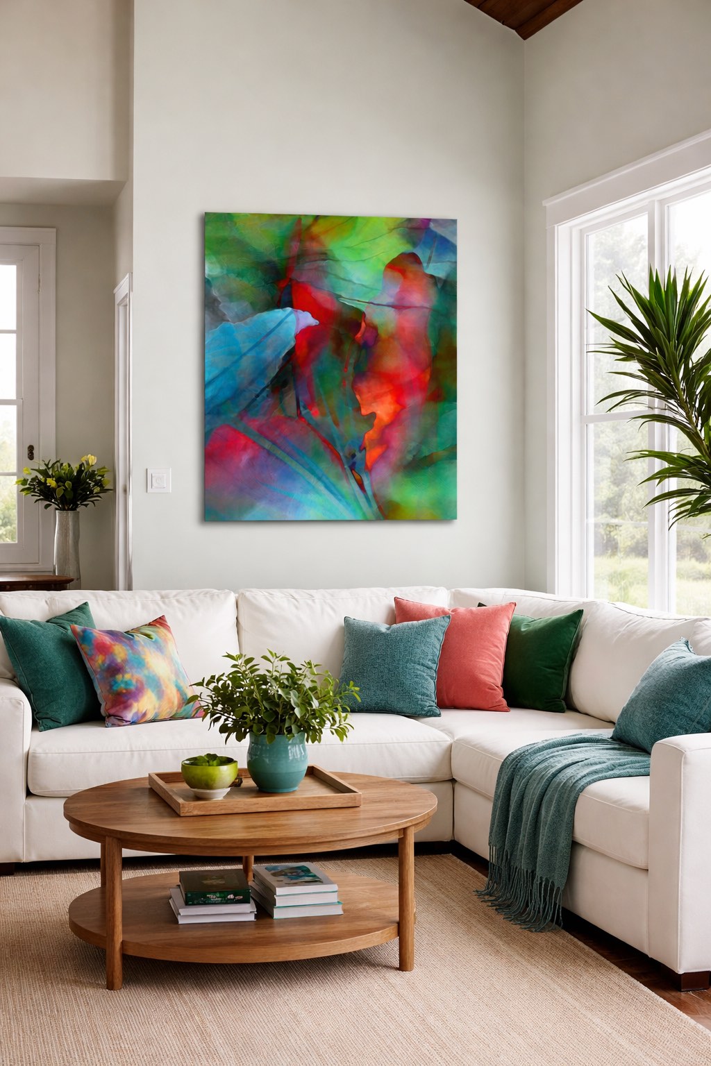 Nature-inspired vertical abstract art on side wall living room