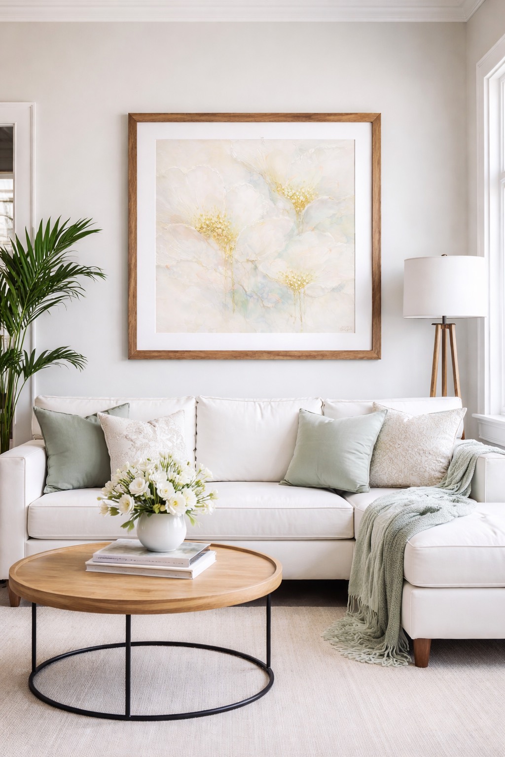 Framed wall art abstract flower painting in contemporary living room