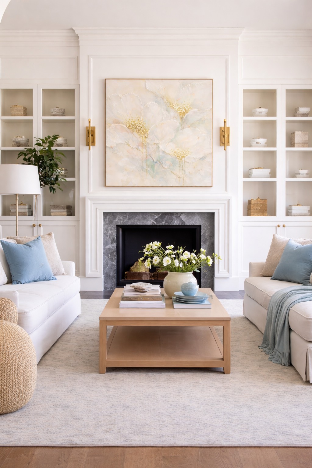 Framed wall art abstract flower painting in contemporary living room