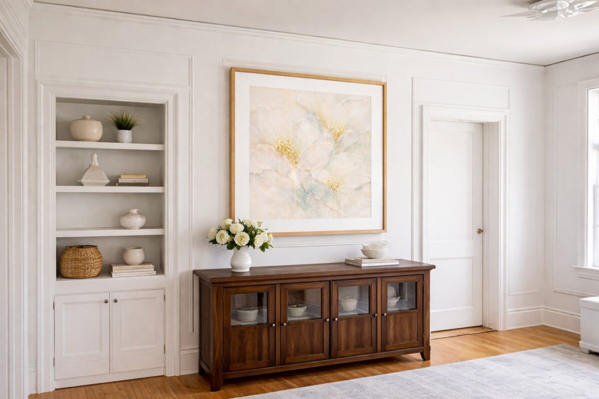 Framed abstract nature art in contemporary dining room hung above console table.