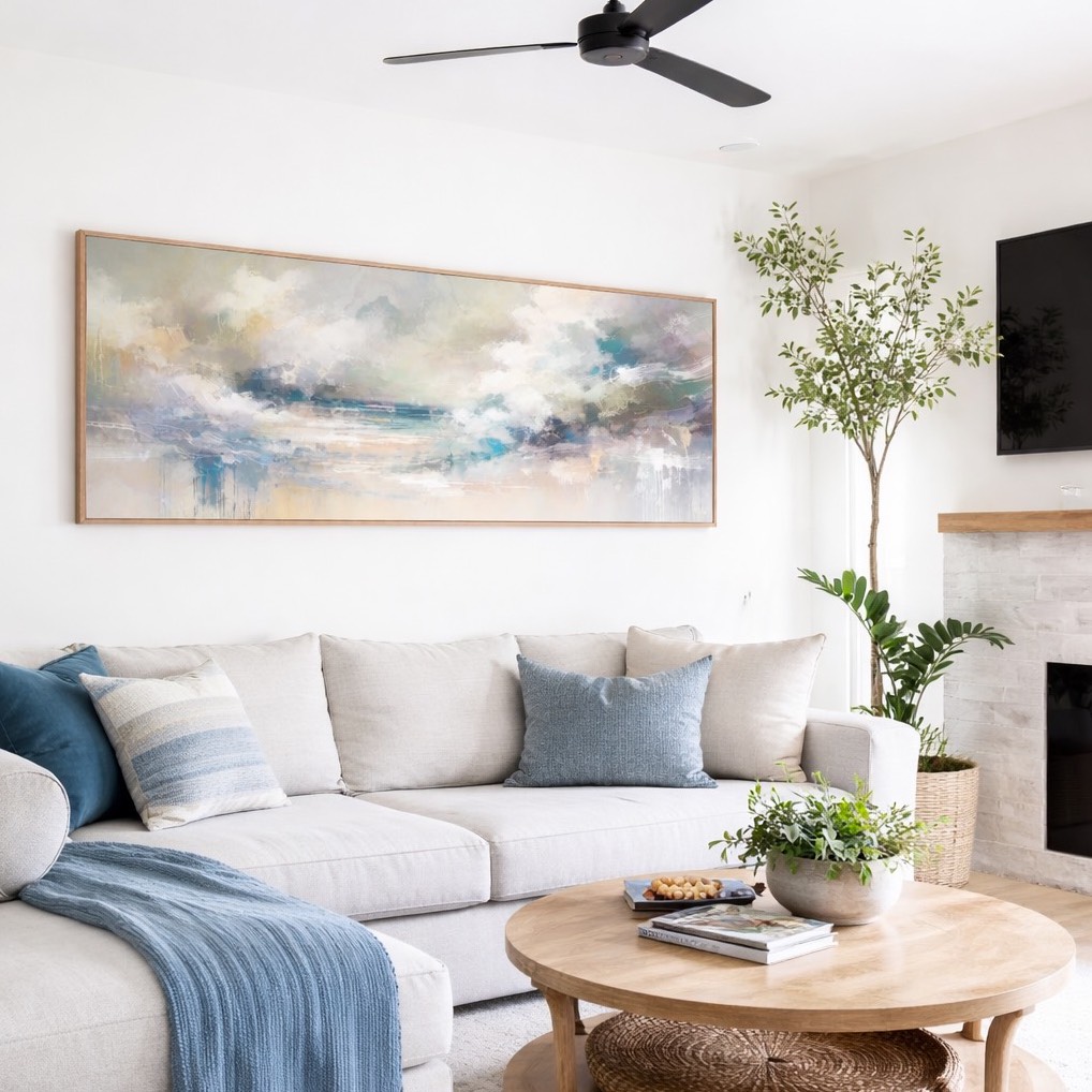 modern wall art for living room - a large framed coastal color theme canvas