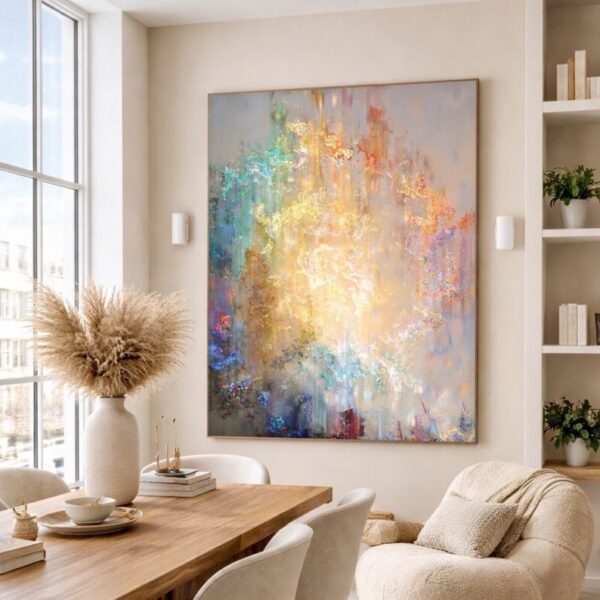 large modern canvas wall art hanging above a chairs in a contemporary living room