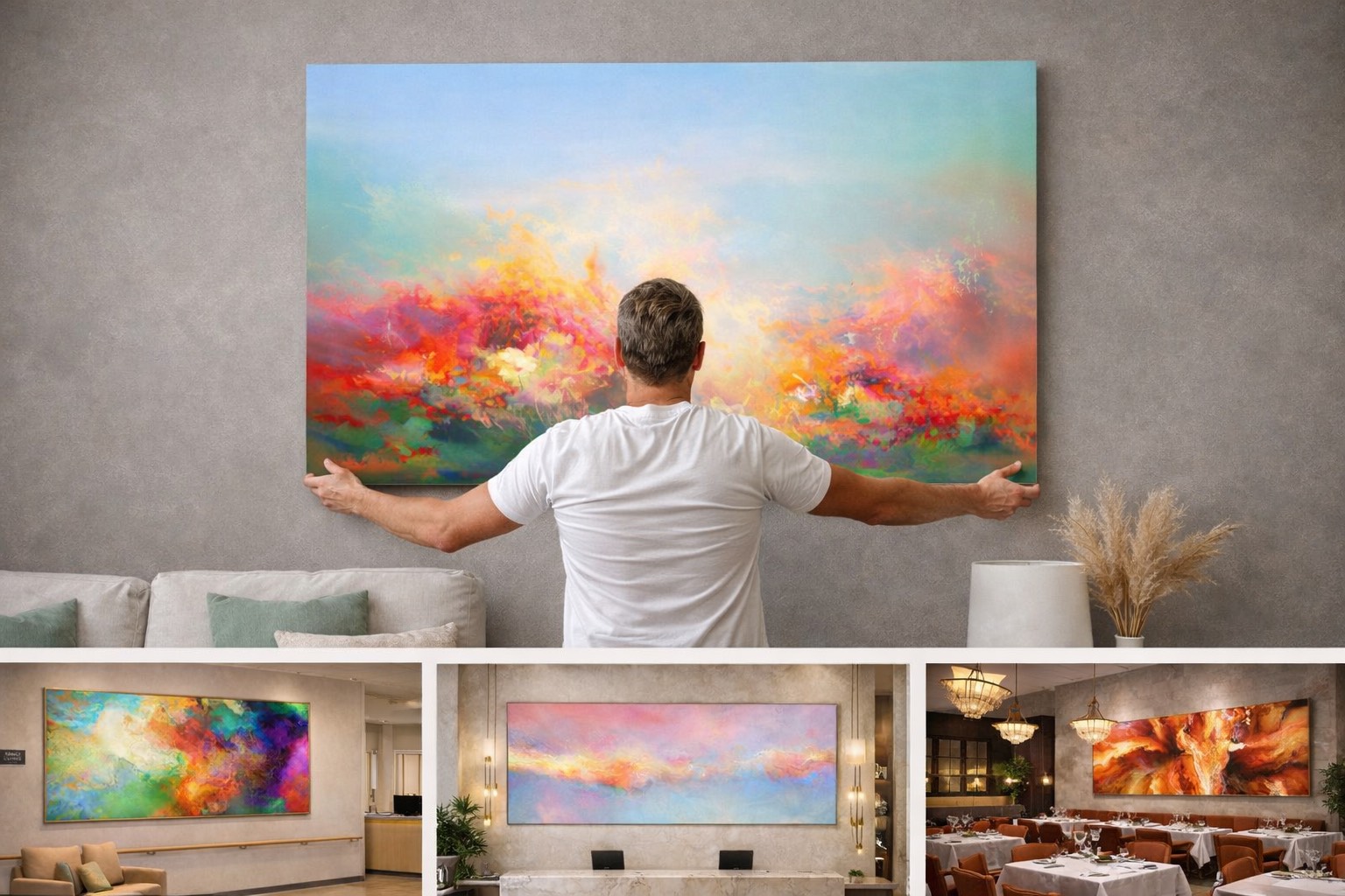 How to choose and hang large abstract art in living rooms, hotels, hallways, offices, restaraunts, and wellness spaces.