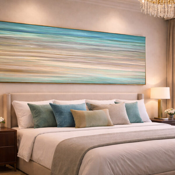 Large panoramic abstract wall art installed above a bed in a contemporary bedroom interior.