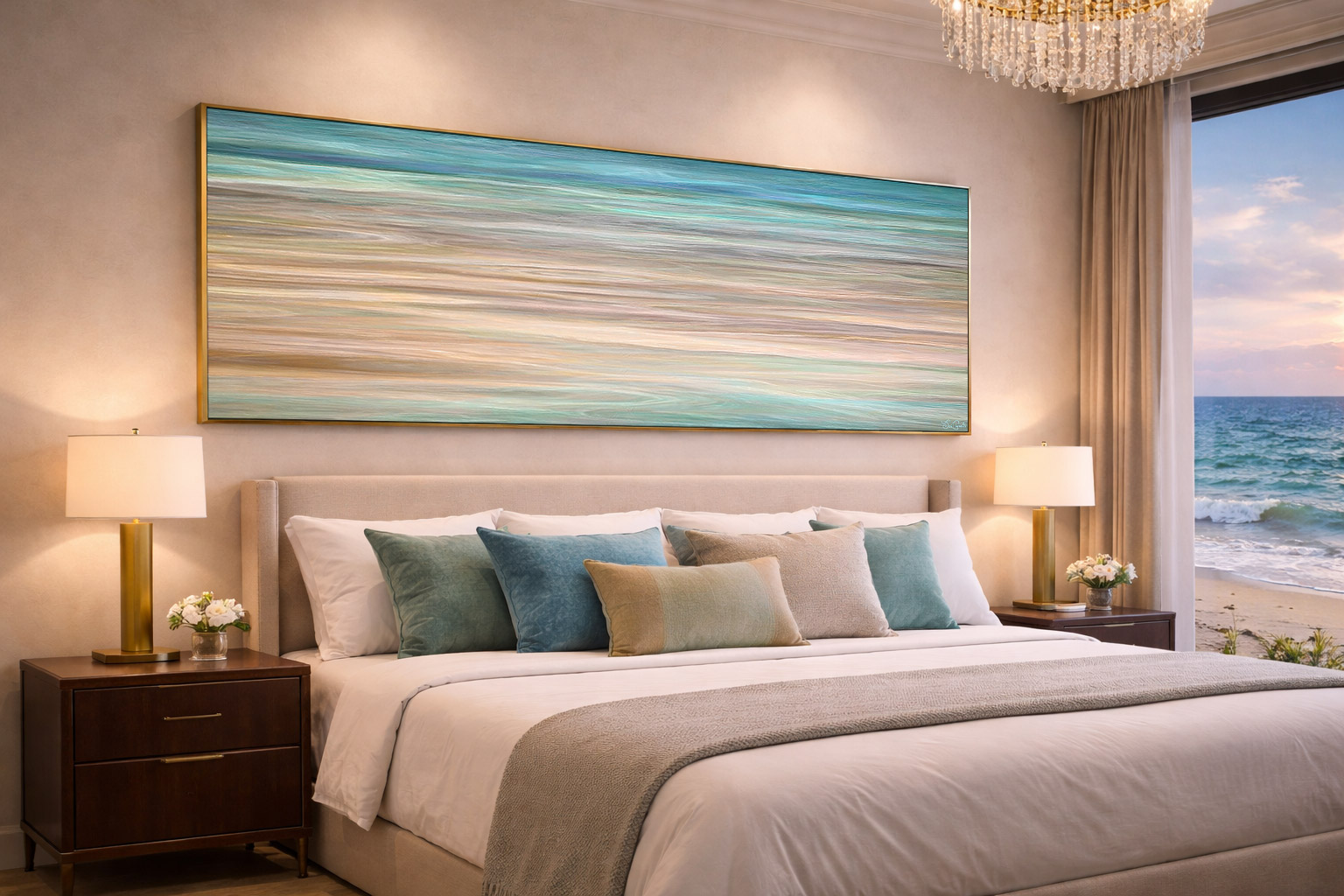 Large panoramic abstract wall art installed above a bed in a contemporary bedroom interior.