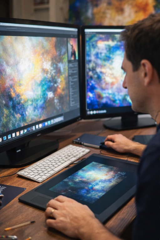 Digital mixed media artist Jaison Cianelli creating art on the computer