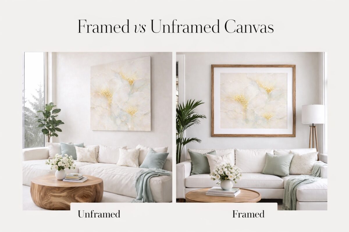 Example of framed vs unframed canvas wall art installed in contemporary living room.