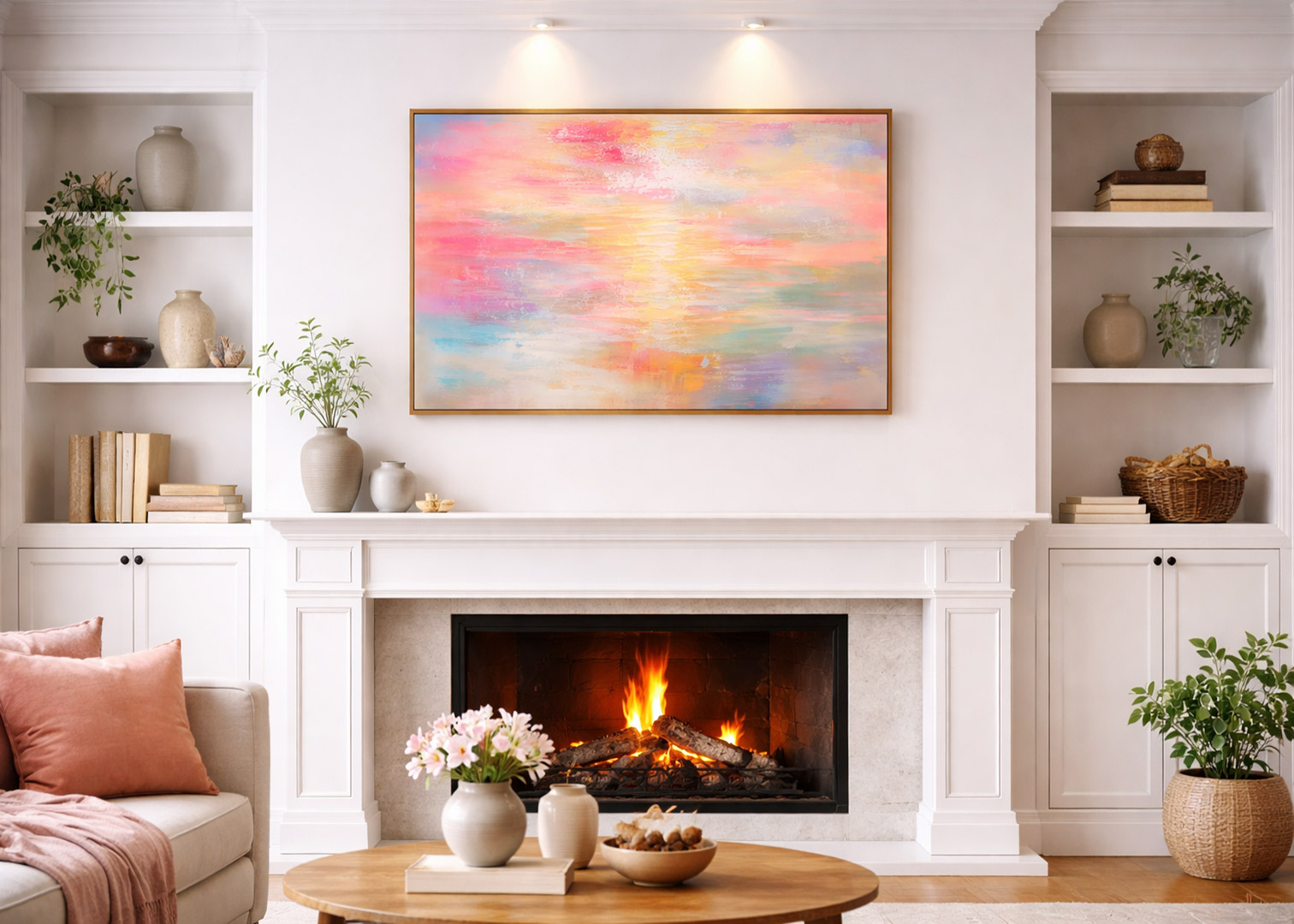 modern contemporary framed abstract landscape wall art painting for sale hung in living room above fireplace