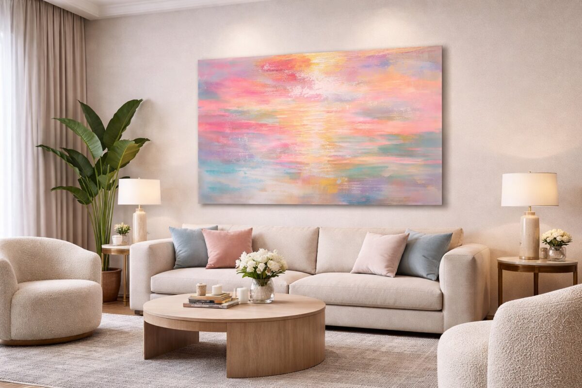 Large panoramic abstract wall art installed above a sofa in a contemporary living room interior.