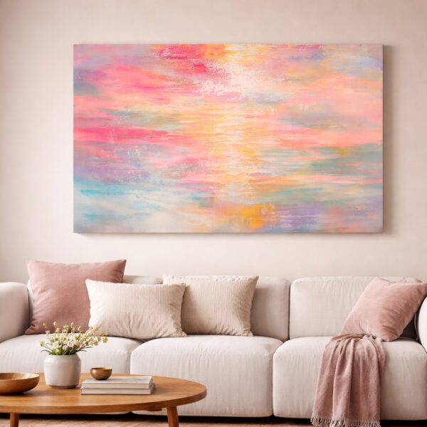 modern contemporary unframed abstract landscape wall art painting for sale hung in living room above sofa