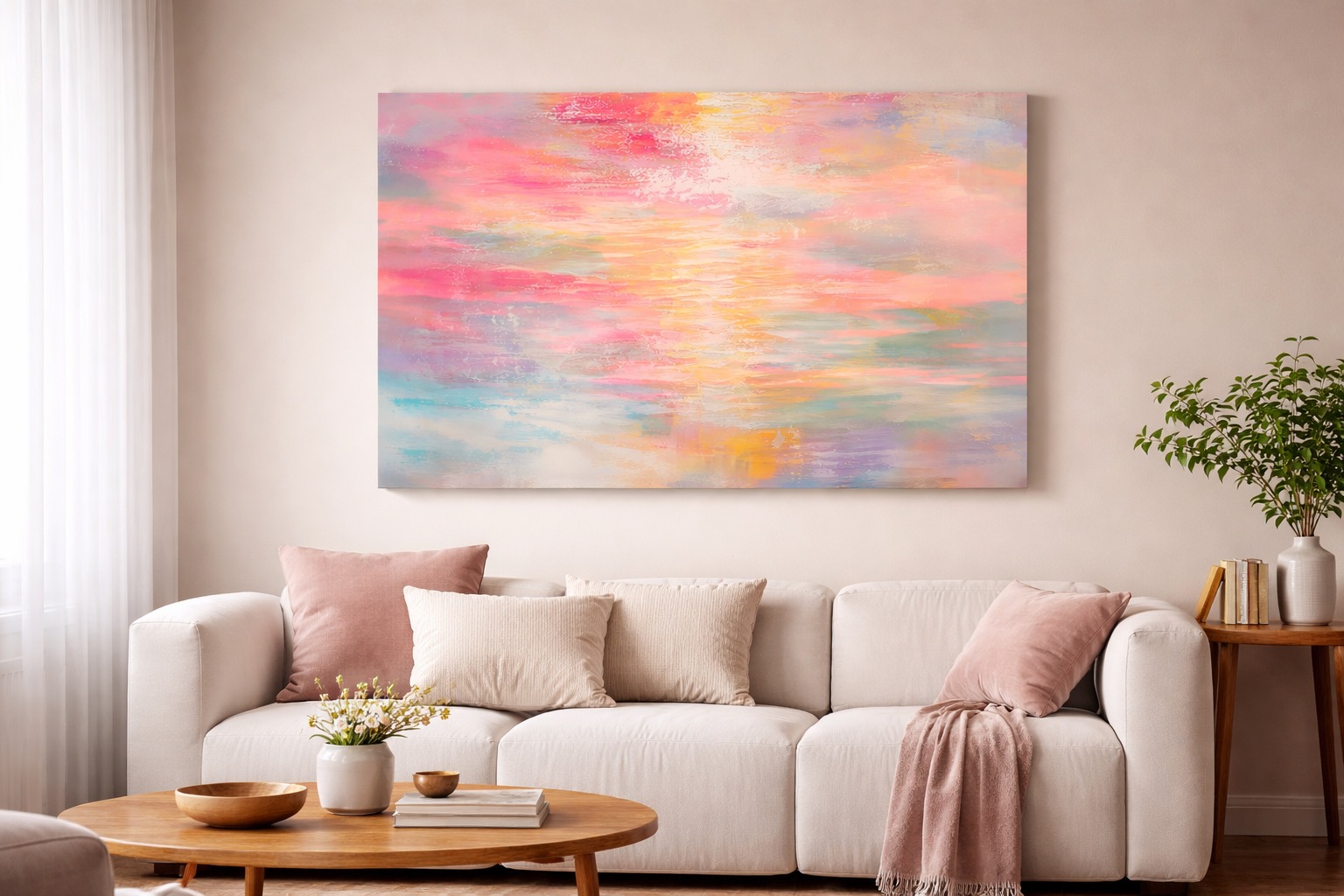 modern contemporary unframed abstract landscape wall art painting for sale hung in living room above sofa