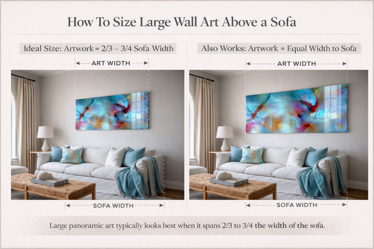 Diagram showing how to size large wall art above a sofa.