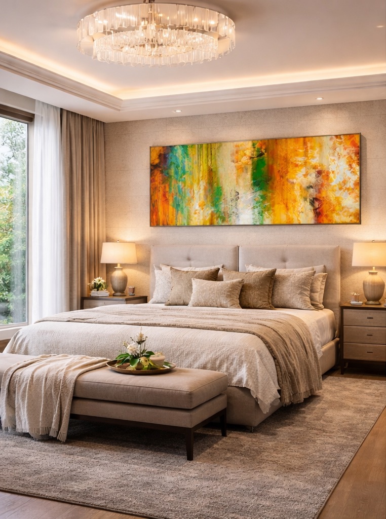 Large panoramic abstract wall art installed above a bed in a modern bedroom.