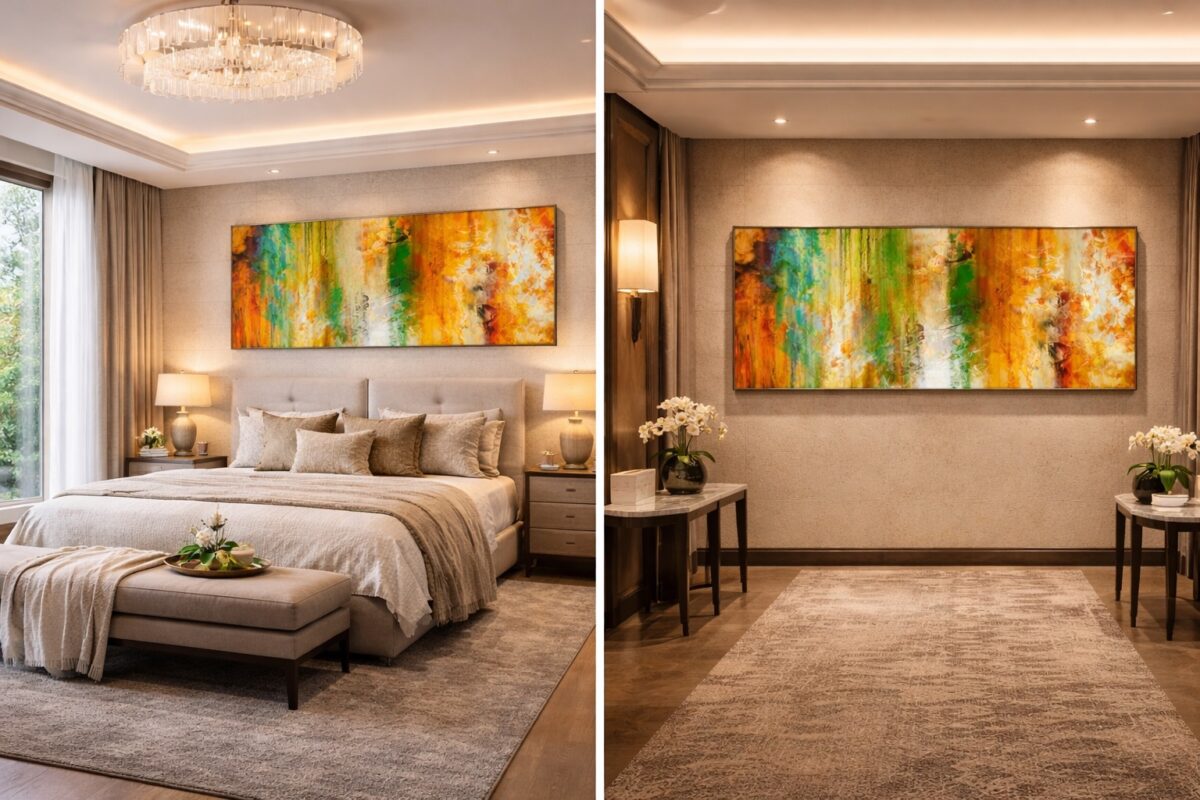 Just Being large panoramic abstract art canvas wall art painting installation.