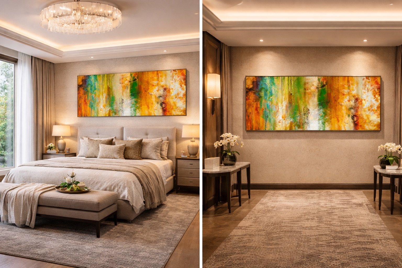 Just Being large panoramic abstract art canvas wall art painting installation.