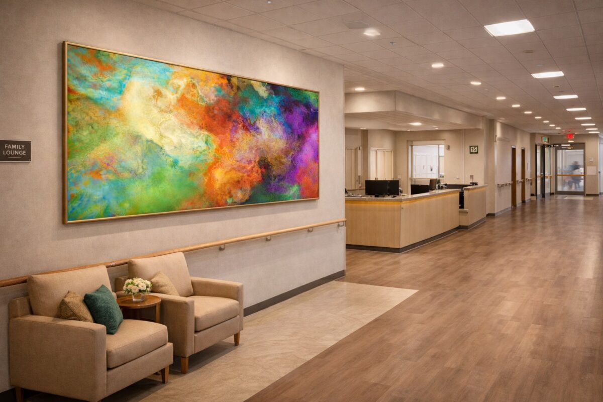 Abstract nature art Mother Earth installed in a hospital corridor creating a calming environment.