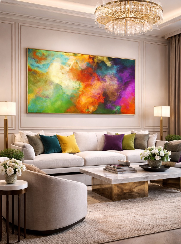 Large panoramic abstract artwork Mother Earth installed in a luxury penthouse living room.