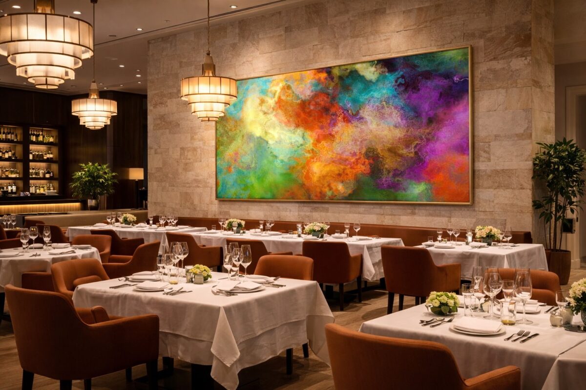 Large contemporary abstract painting Mother Earth installed in an upscale restaurant dining room.