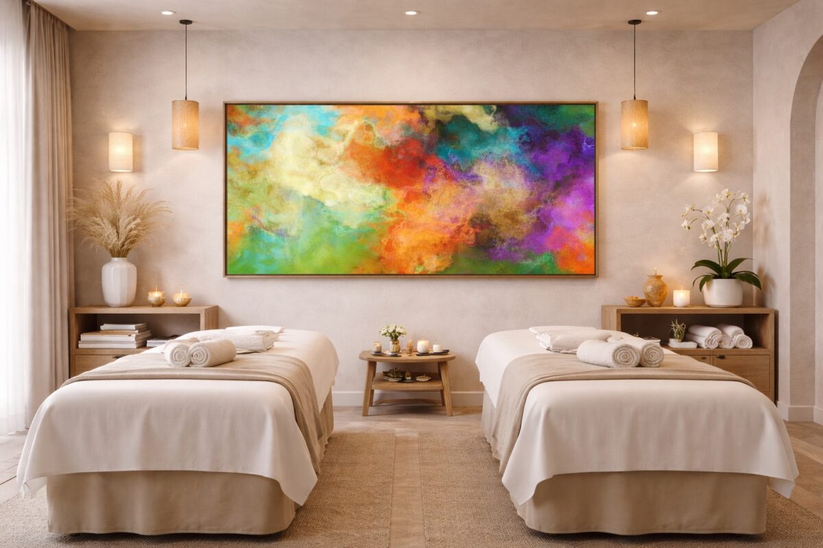 Large panoramic contemporary abstract painting Mother Earth installed in spa wellness center or luxury retreat