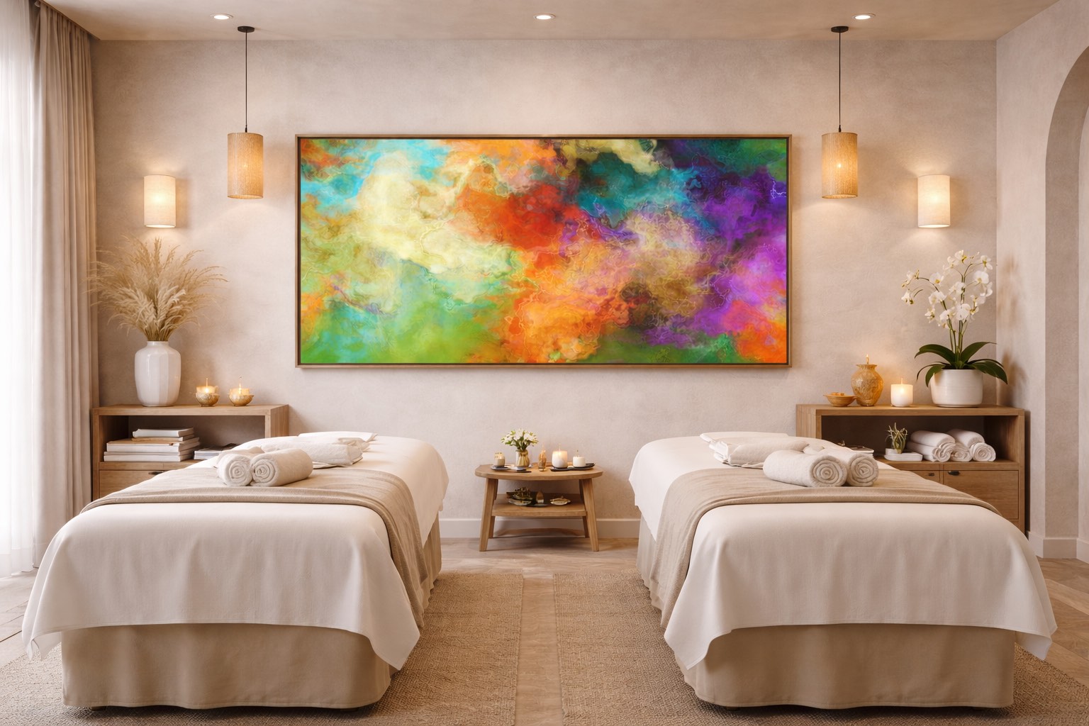 Large panoramic contemporary abstract painting Mother Earth installed in spa wellness center or luxury retreat
