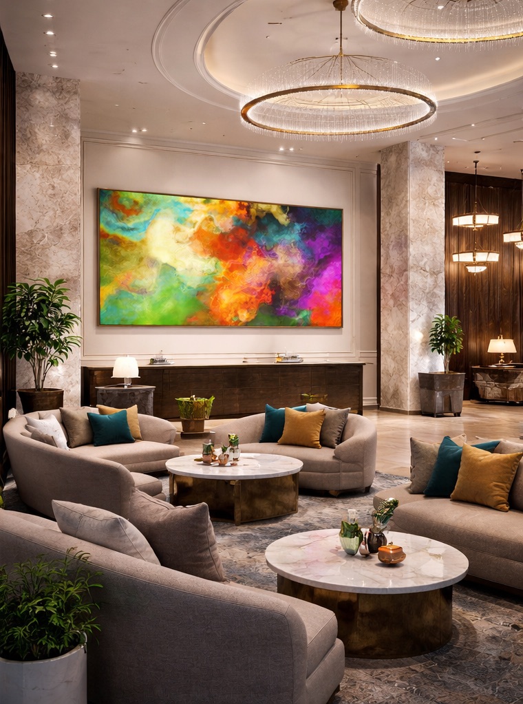 Oversized abstract wall art Mother Earth hung behind a desk in hotel lobby.