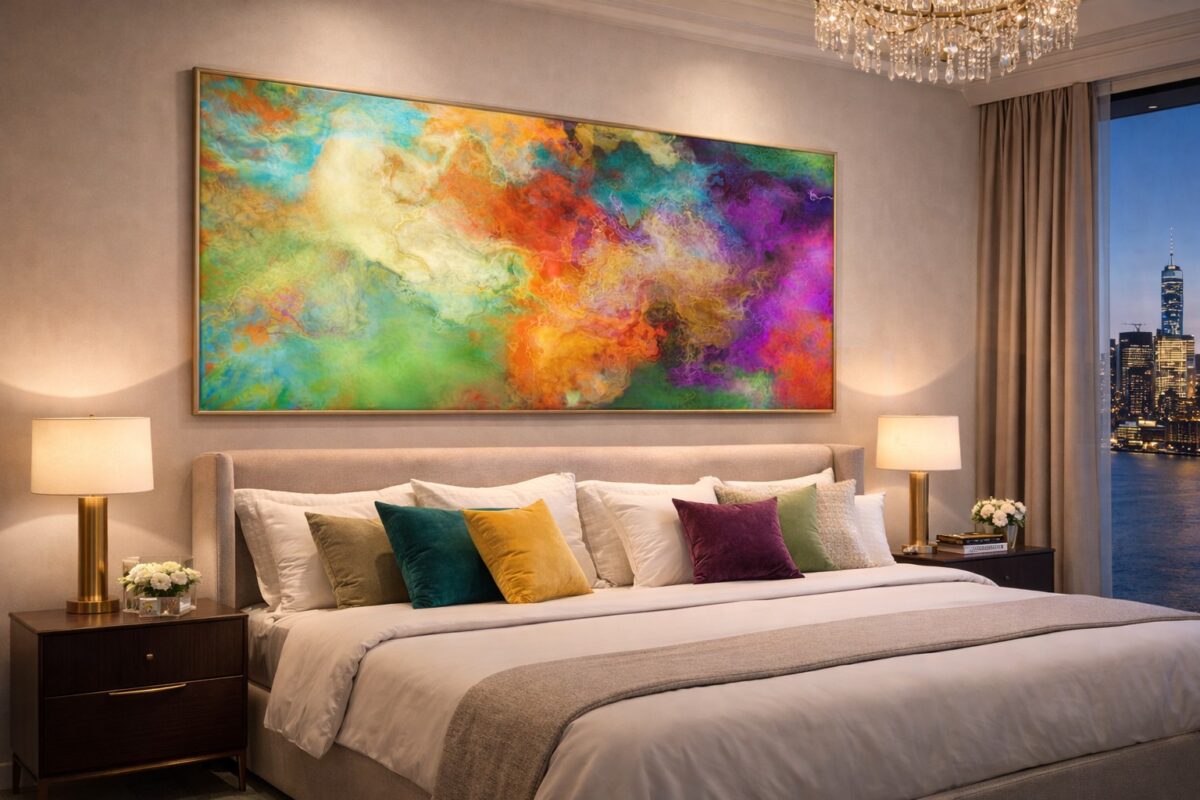 Large wide panoramic abstract painting Mother Earth installed above bedroom bed